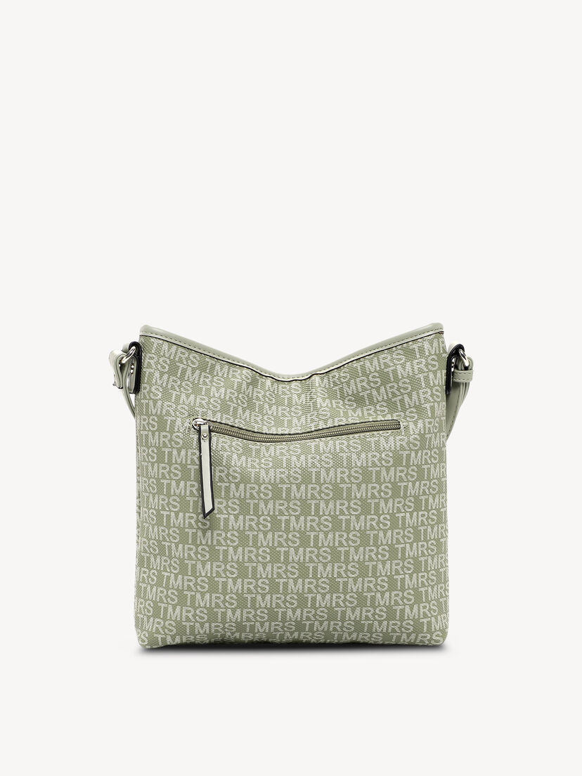 Groene textieltas met witte print en ritssluiting aan achterkant