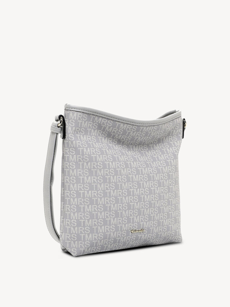 Sac bandouli&egrave;re gris avec monogramme et sangle attach&eacute;e vue lat&eacute;rale