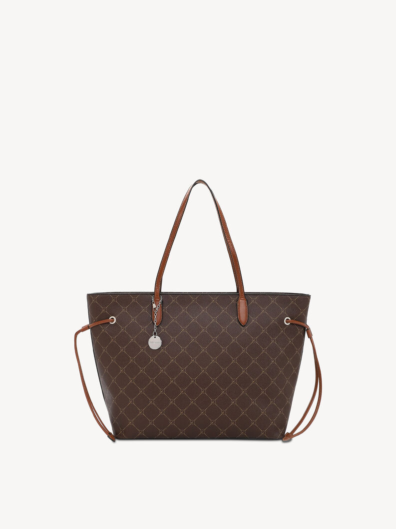 Braune Shopper-Tasche mit Muster, Doppelhenkeln und dekorativem Anh&auml;nger