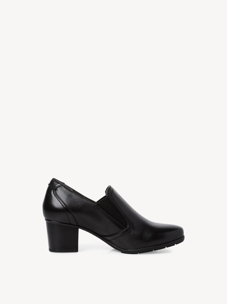 Elegante schwarze Lederpumps mit niedrigem Absatz und elastischen Eins&auml;tzen
