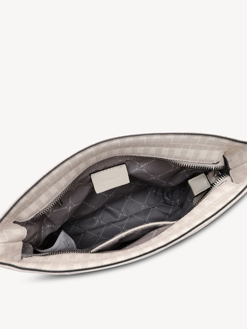 Close-up van interieur beige tas met stoffen voering en logolabel