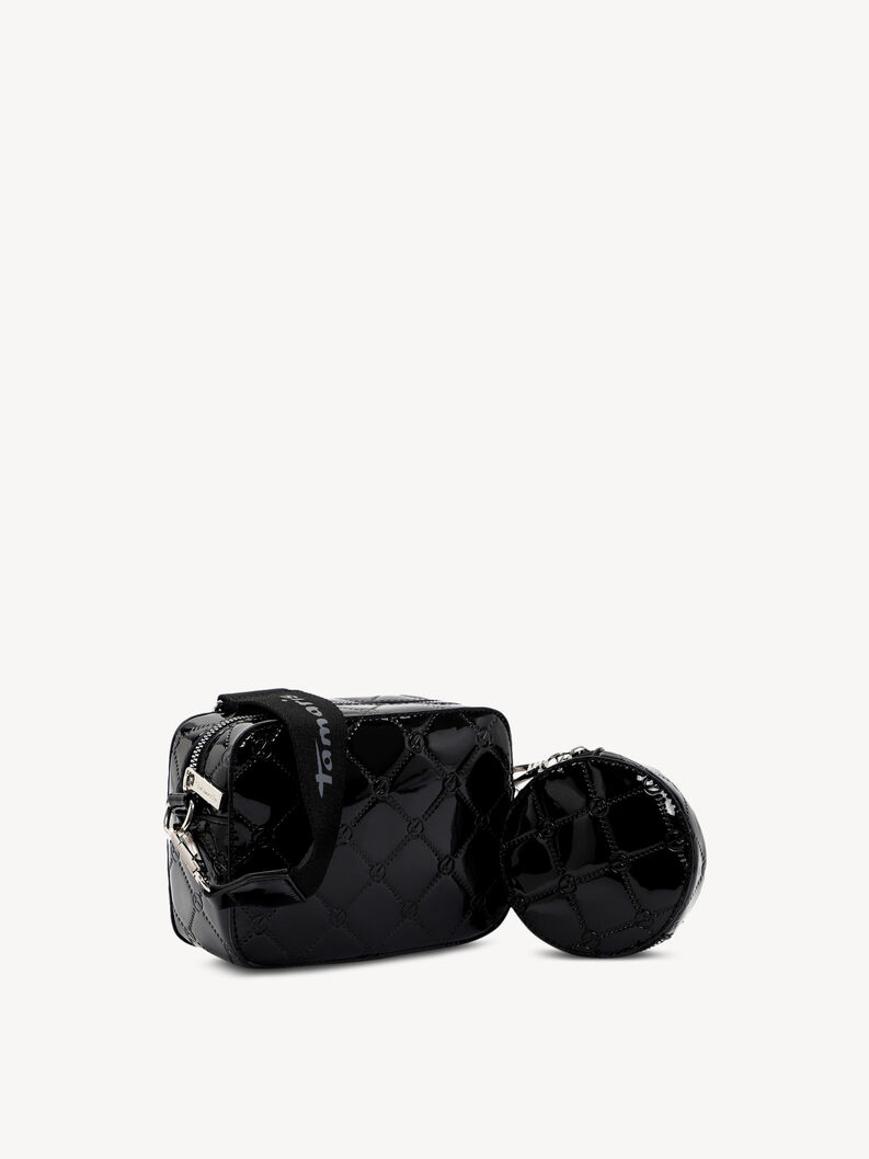 Schwarze gl&auml;nzende Tasche mit breitem Gurt und kleinem Rundetui