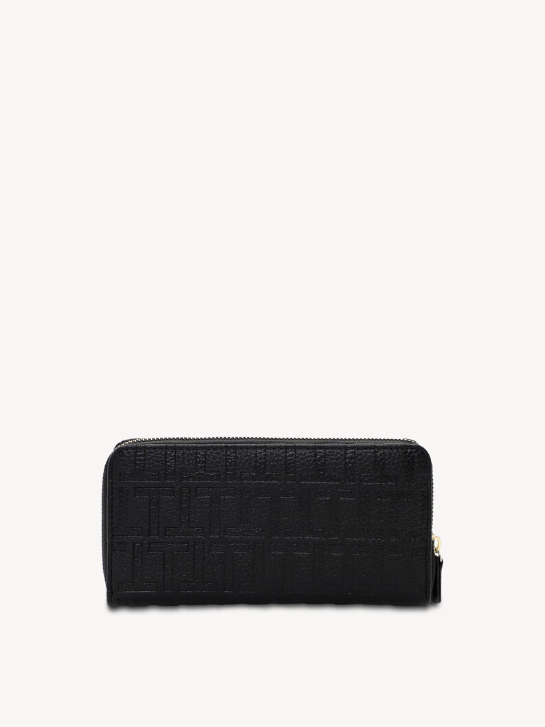 Front view of black leather wallet with embossed pattern and zipper