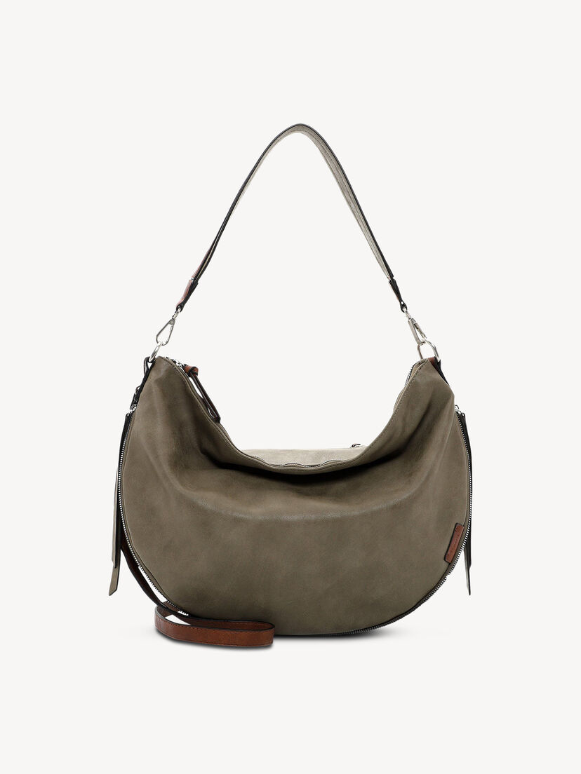 Khaki halve maan schoudertas met bruine accenten en ritssluiting