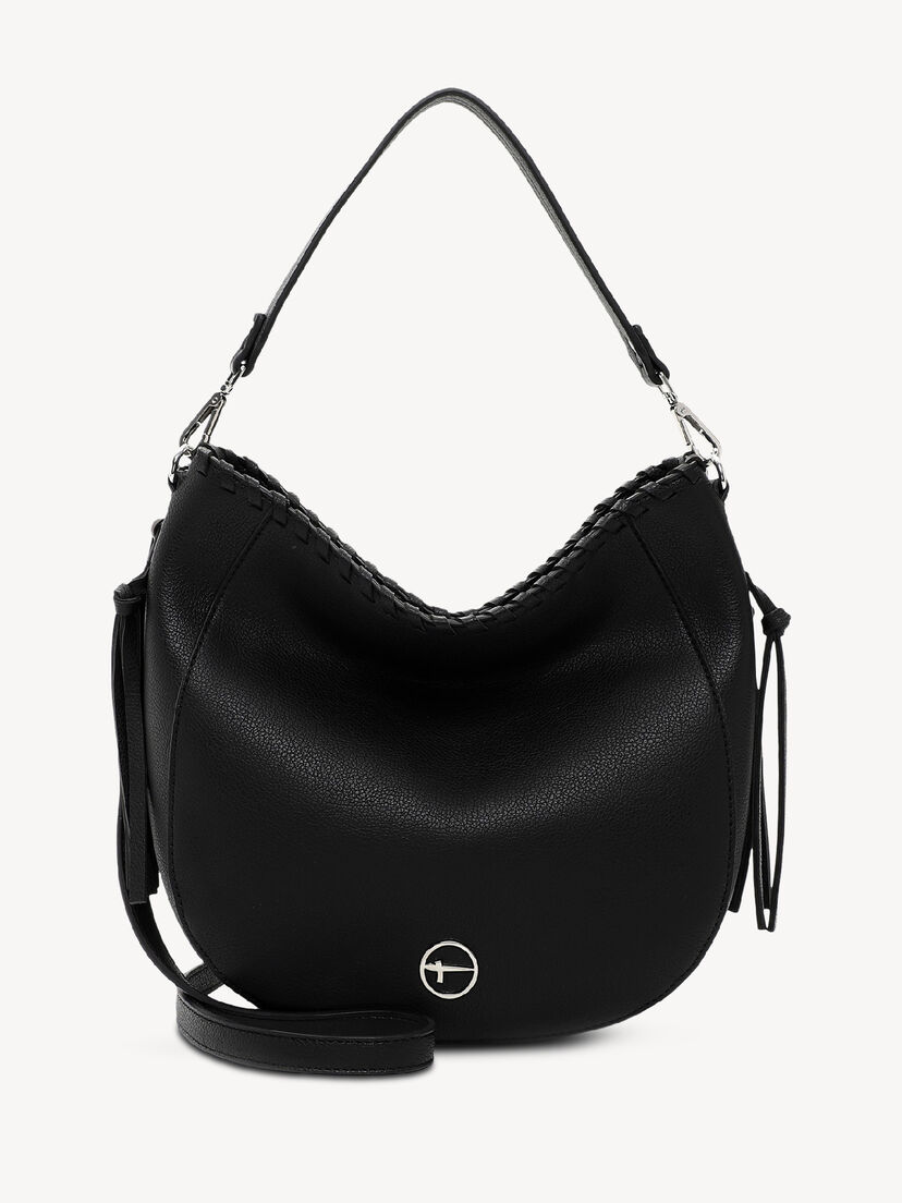 Zwarte leren handtas met gevlochten randen en zilveren logo