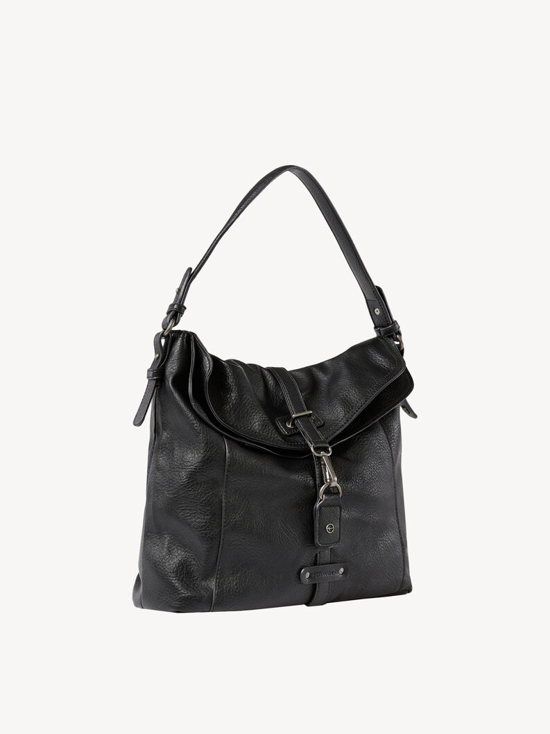 Seitenansicht der schwarzen Lederhandtasche mit markanter Schnalle