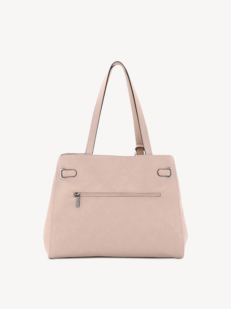 Back side of pink women's faux leather handbag with zipper pocket