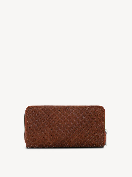 Bruine leren portemonnee met doorgestikt patroon en ritssluiting aan achterkant