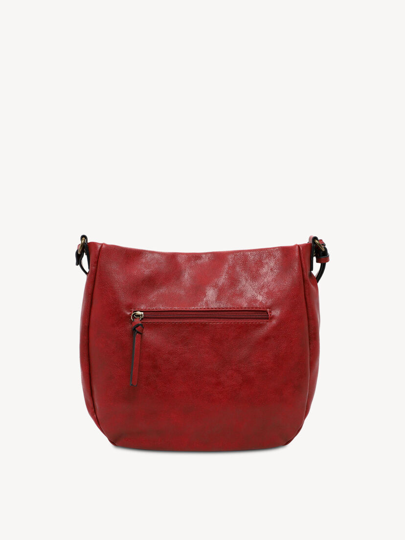 Achterkant van rode leren tas met ritssluiting