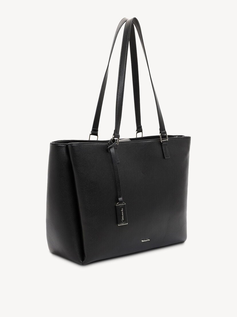 Zijaanzicht zwarte leren damestas met strak design