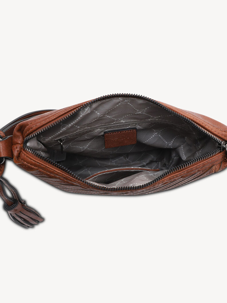 Inside view of brown leather crossbody bag with fabric lining and zipper