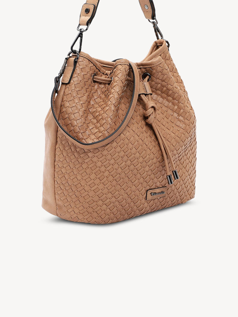 Side view of brown woven shoulder bag with drawstring closure