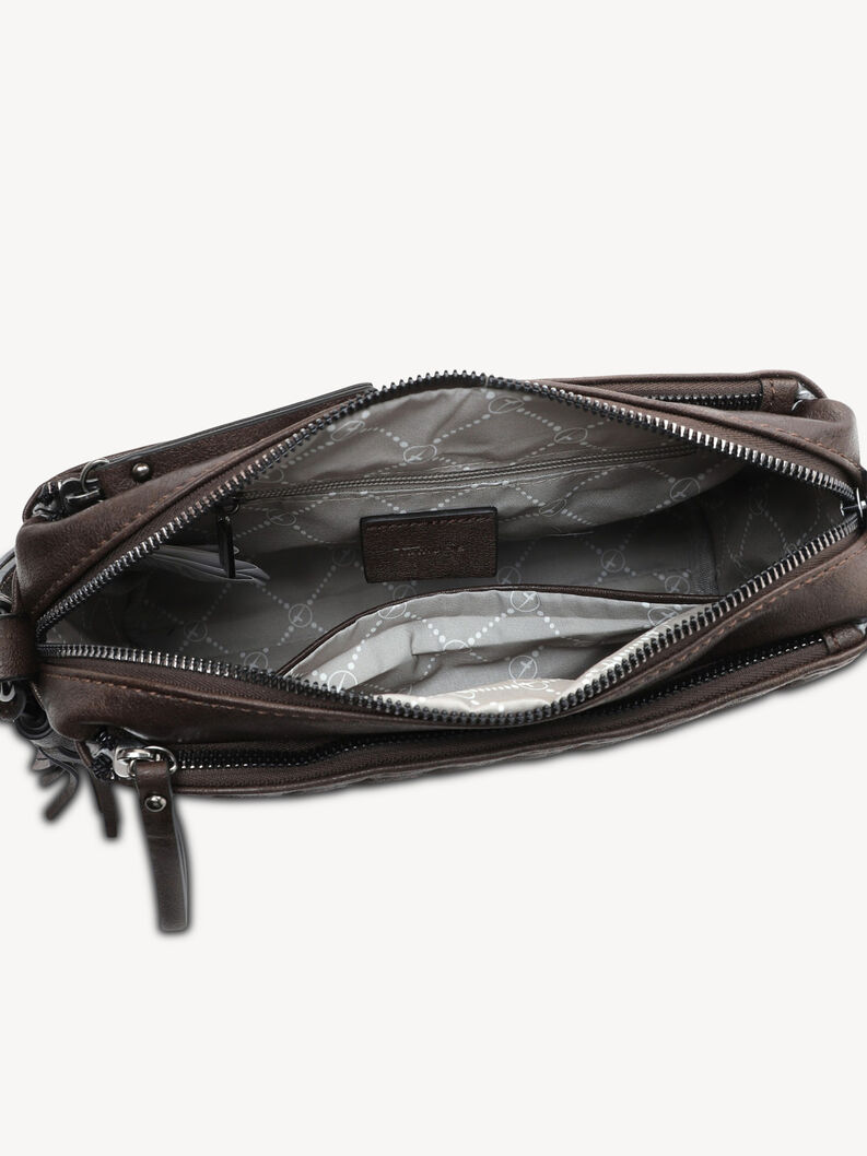 Detailansicht des Innenraums brauner Crossbody-Tasche mit F&auml;chern