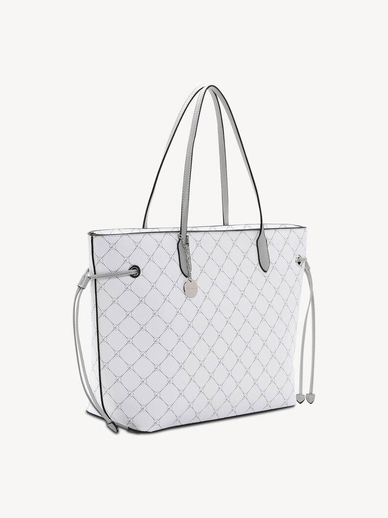 Seitenansicht einer wei&szlig;en Tasche mit grauem Muster und Metallanh&auml;nger