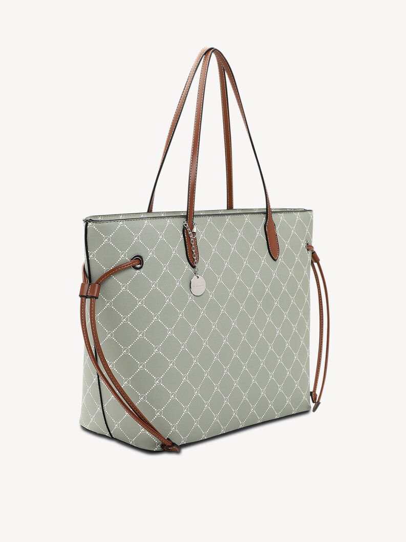 Gr&uuml;ne gemusterte Tasche mit braunen Lederriemen und Metallanh&auml;nger