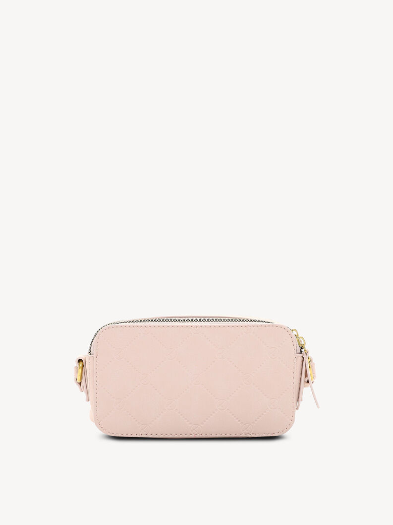 R&uuml;ckansicht der rosa Leder-Crossbody-Tasche mit Monogrammpr&auml;gung