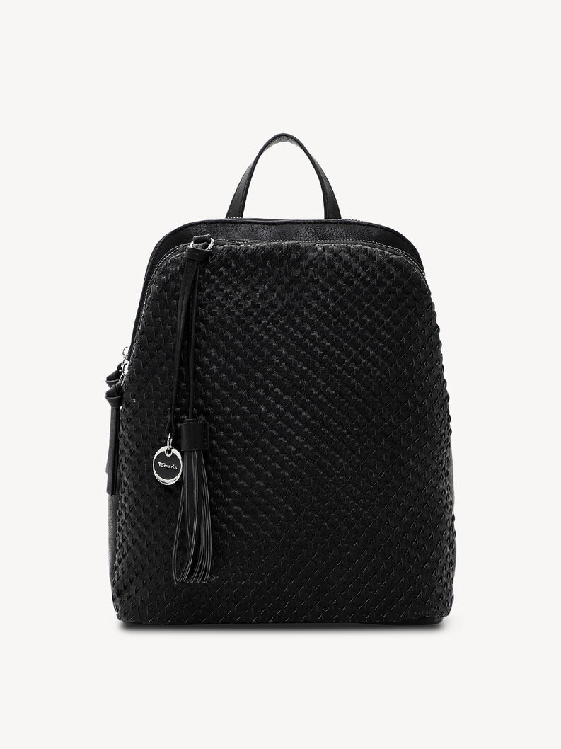 czarny pleciony damski plecak z ozdobnymi frędzlami i zamkami