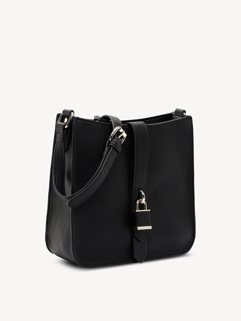 Borsa a tracolla in pelle nera con chiusura argento e tracolla regolabile