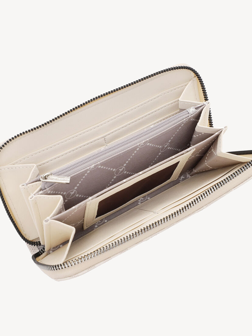 Binnenkant van beige Tamaris portemonnee met meerdere vakken en ritssluiting