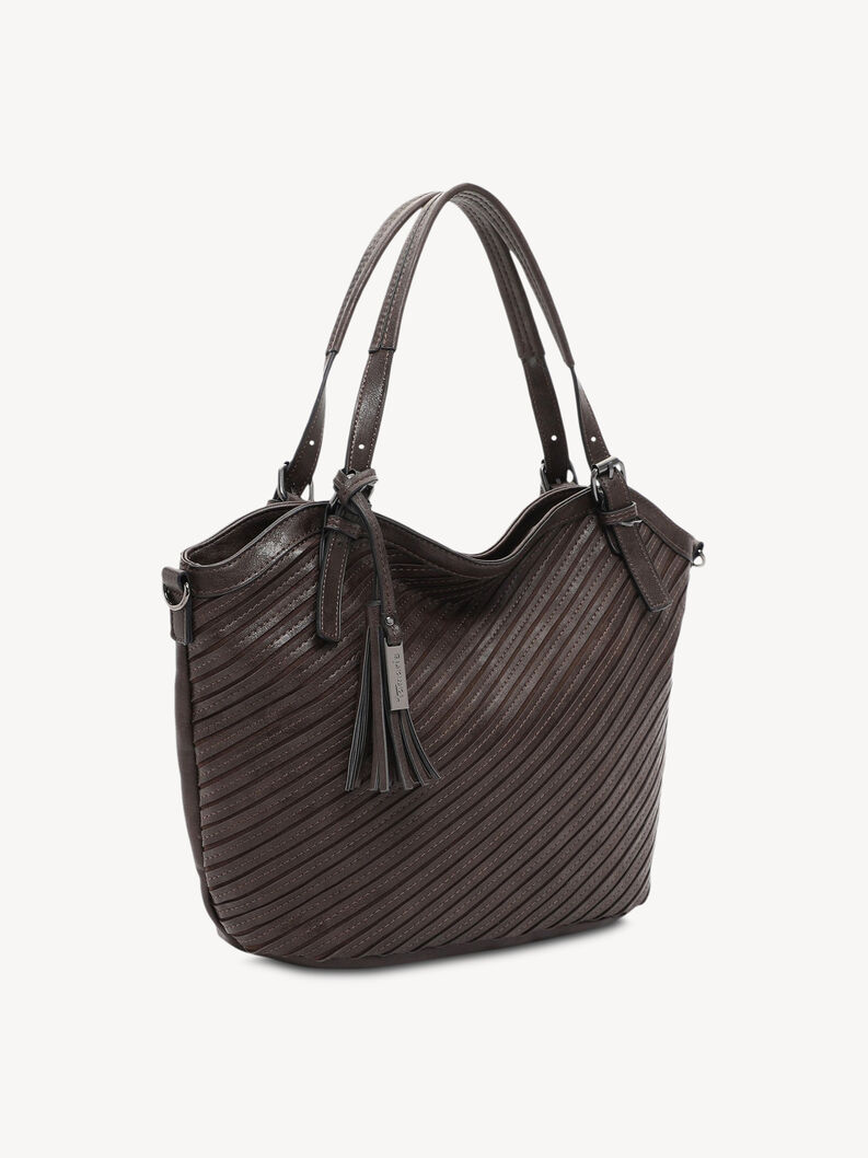Leichte dunkelbraune Handtasche mit regelm&auml;&szlig;igem Streifenmuster und Quasten