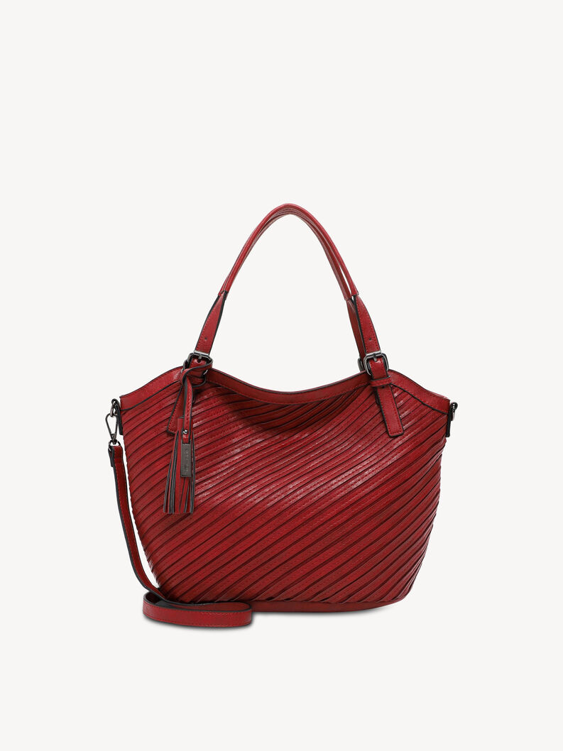 Red leather handbag with diagonal stitching and tassel charm