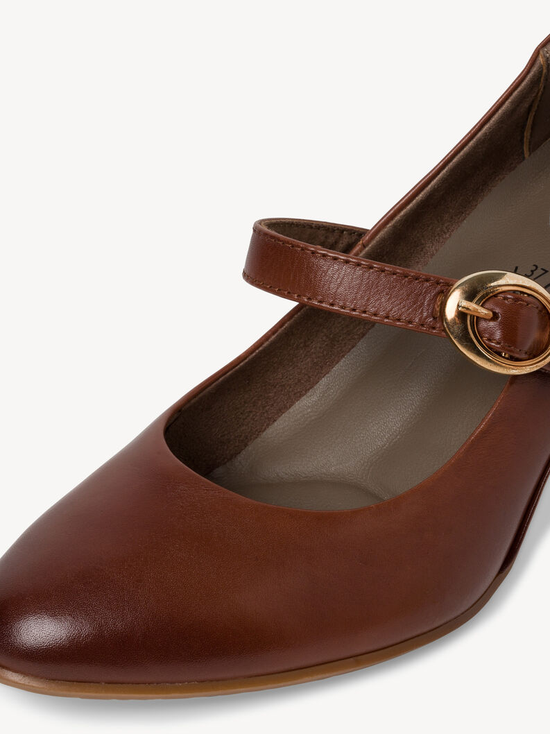 Detail glatte braune Leder Mary Jane Pumps mit Riemen und Schnalle