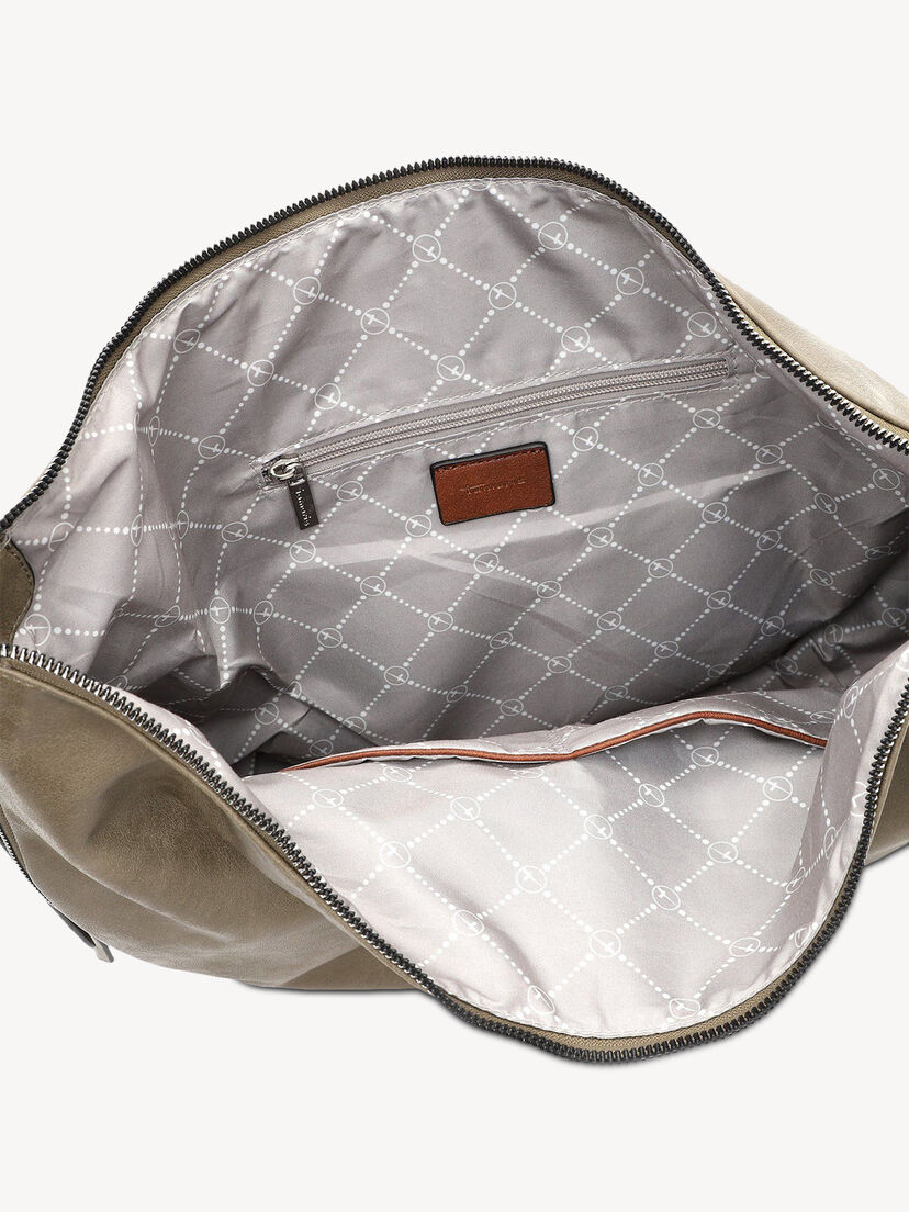 Interieur van khaki tas met binnenritsvak en patroonvoering
