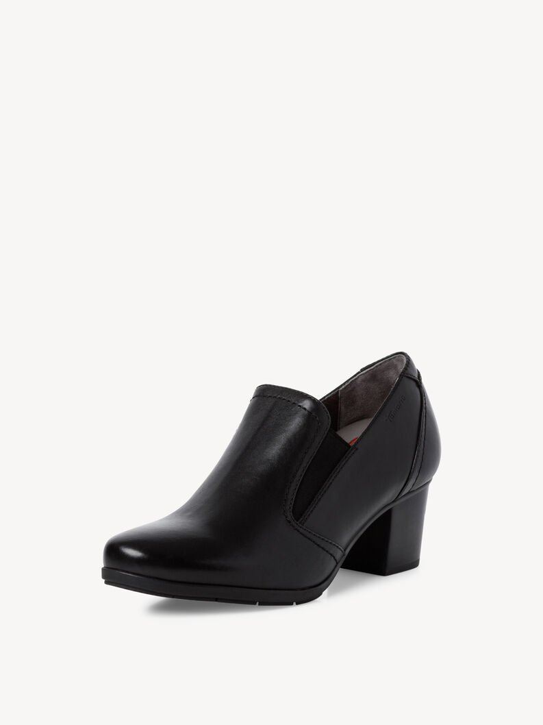 Leichte schwarze Damenlederpumps mit niedrigem Absatz und elastischen Eins&auml;tzen