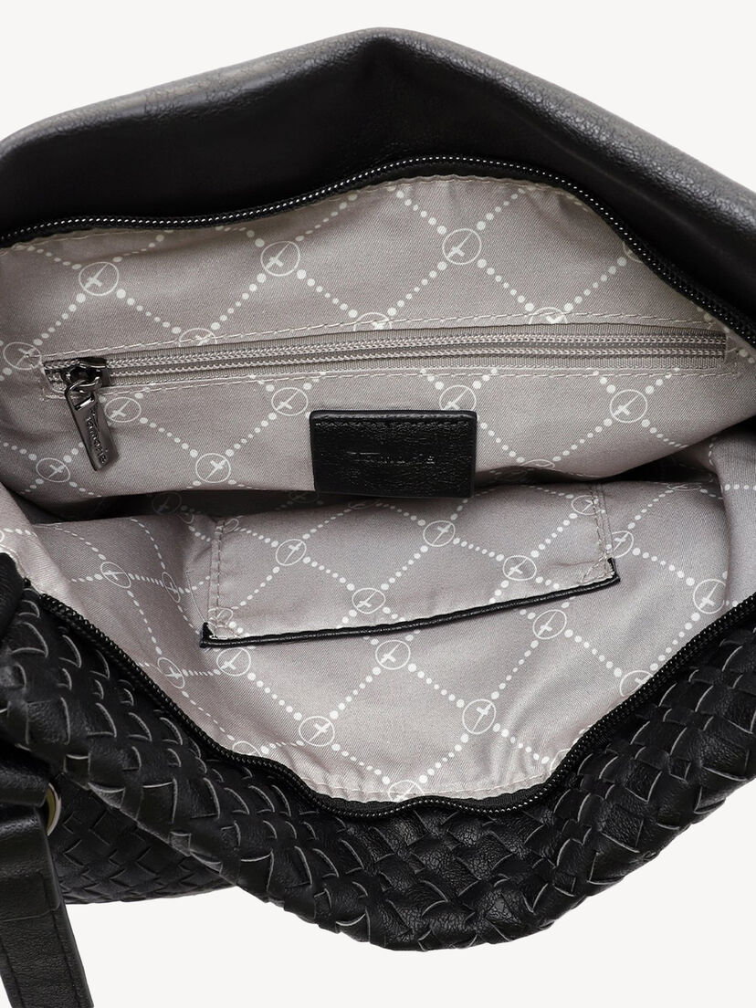 Binnenkant van zwarte leren tas met ritspocket en grijze voering