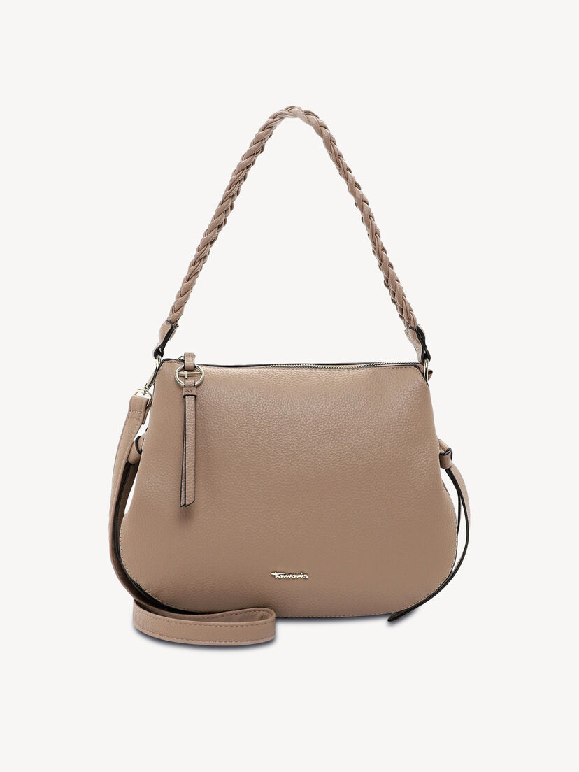 Beige dameshandtas van kunstleer met gevlochten handvat