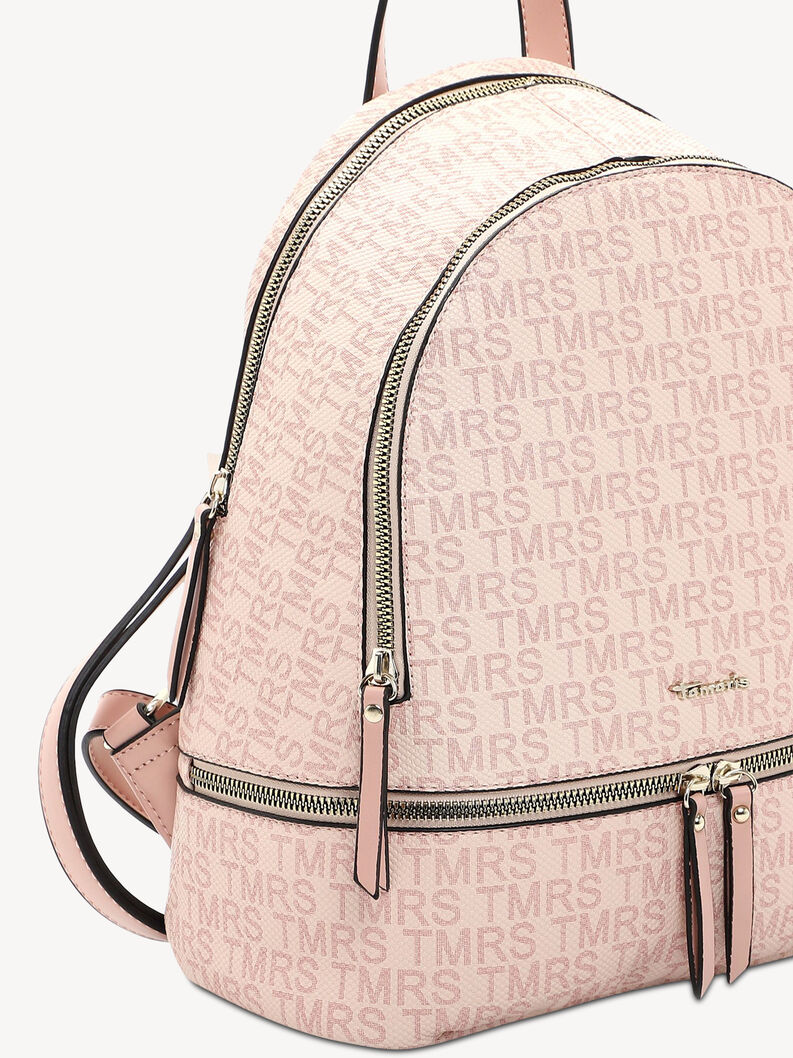 Seitenansicht des rosa Kunstlederrucksacks mit Metallrei&szlig;verschluss und Tr&auml;gern