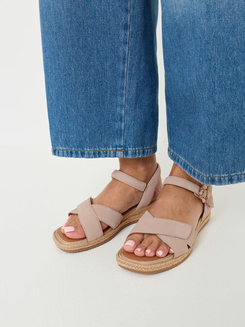 Sandale &agrave; talon en cuir, beige, hi-res