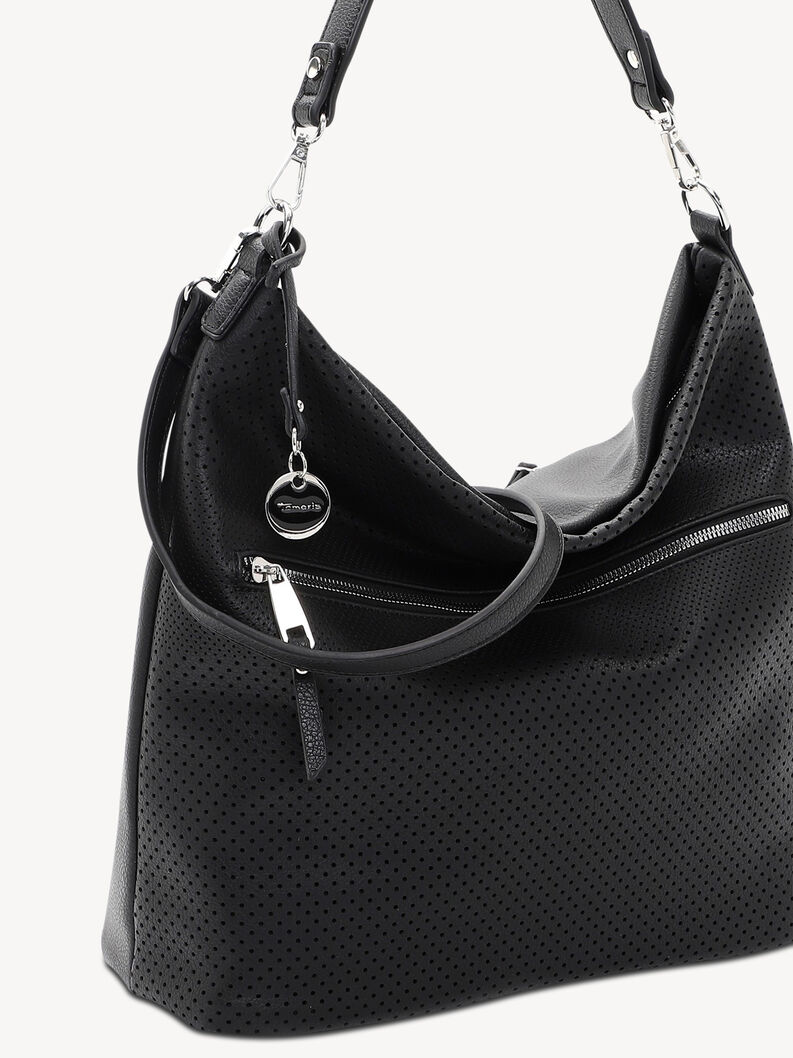 Schwarze perforierte Leder-Tasche mit Anh&auml;nger und verstellbarem Riemen