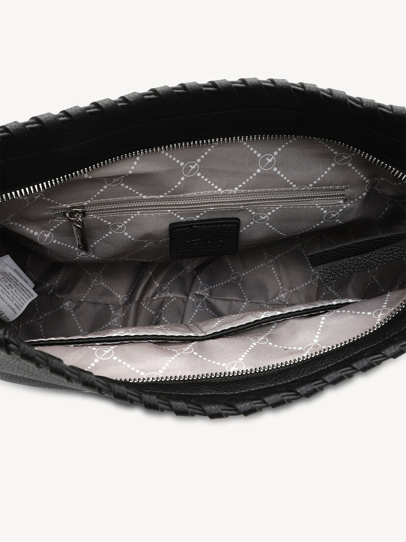 Nabijbeeld binnenkant zwarte leren handtas met ritssluiting en voering