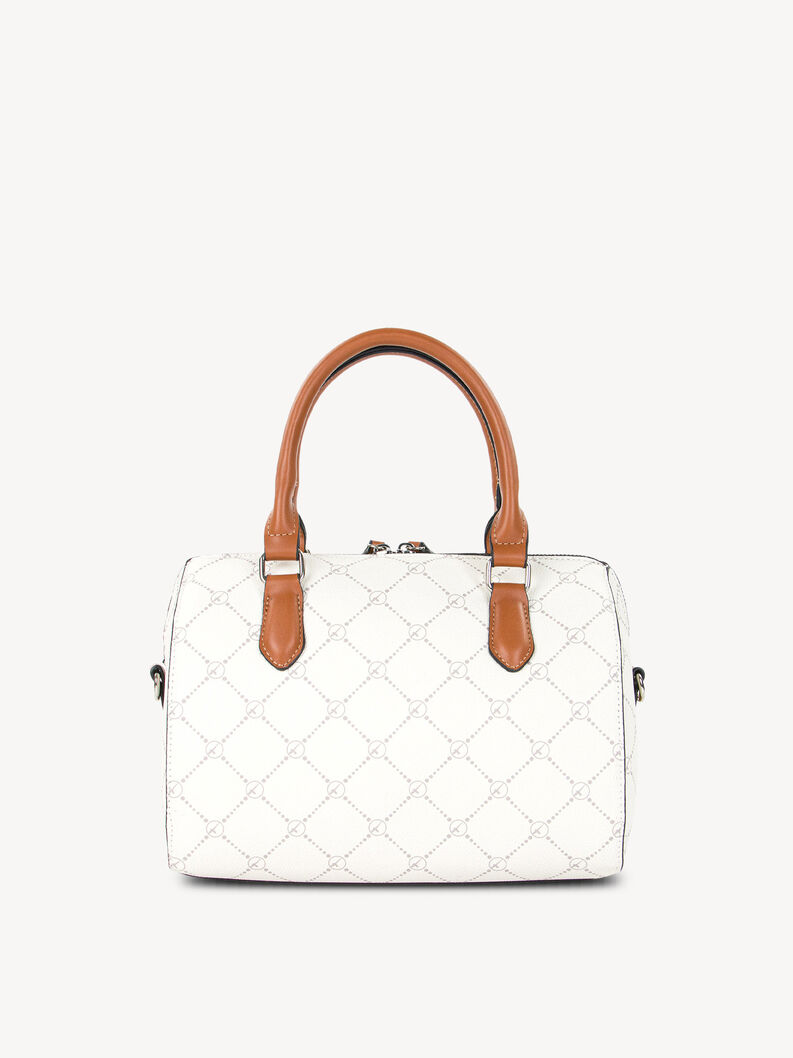 Widok z tyłu białej torebki z brązowymi uchwytami i wzorem