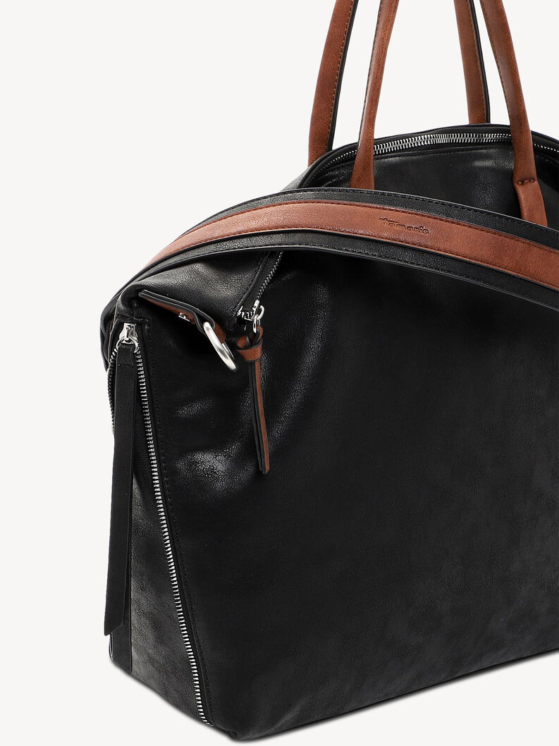 Detailaufnahme der schwarzen Ledertasche mit braunen Details und Rei&szlig;verschluss