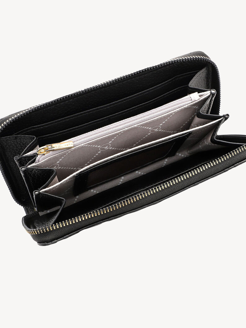 Interior of black leather wallet with compartments and coin zipper pocket