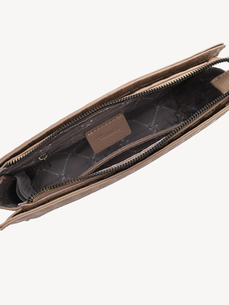 Binnenkant bruine leren crossbody tas met ritssluiting en vakken