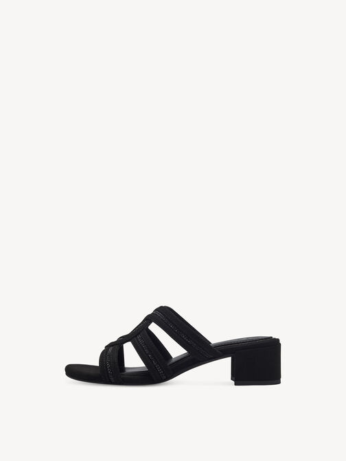 Schwarze Pantoletten mit niedrigem Blockabsatz und funkelnden Strasssteinen