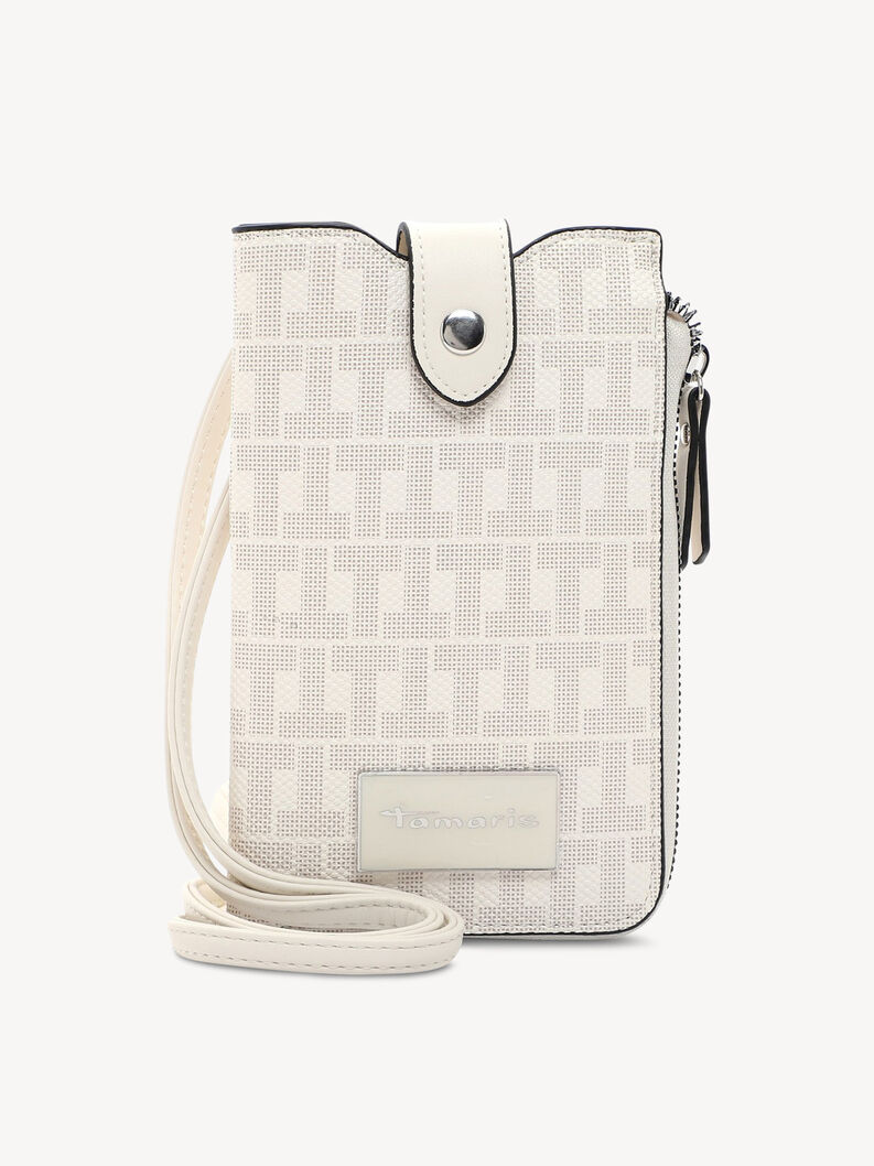 Small white women's shoulder bag with monogram print and silver clasp