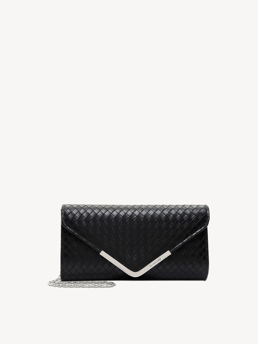 Zwarte dames clutch met geweven leerlook en metalen detail