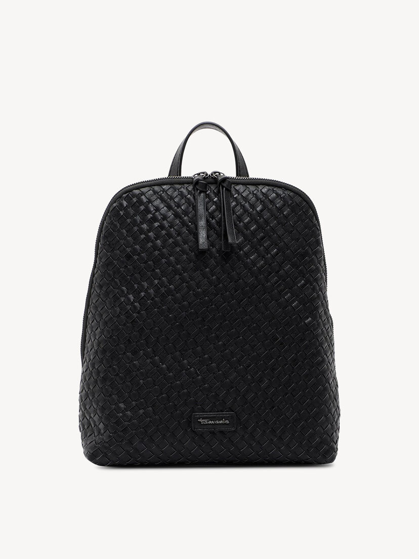 Zwarte leren rugzak met geweven patroon en dubbele ritsen