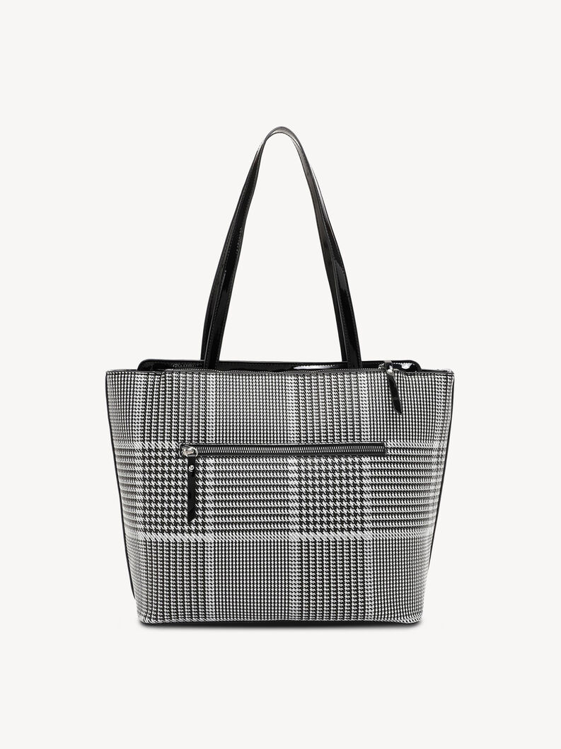 Zwart-witte ruit handtas met glanzende zwarte handvatten en achtervak met rits