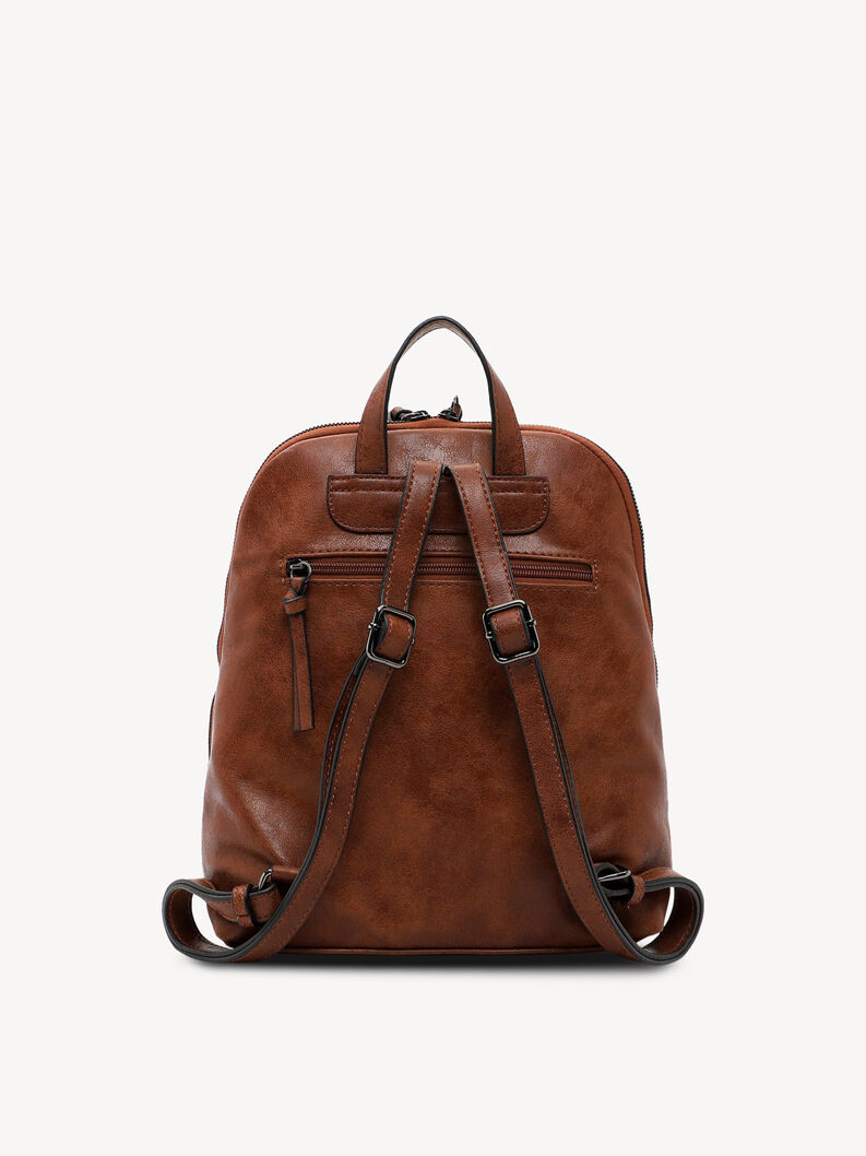 Back view of brown leather backpack with adjustable straps and zipper