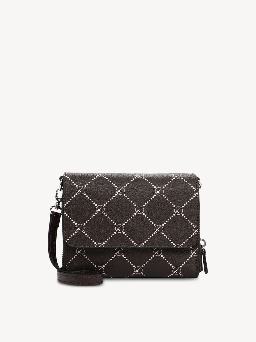 Elegante bruine crossbody tas met witte geometrische patronen