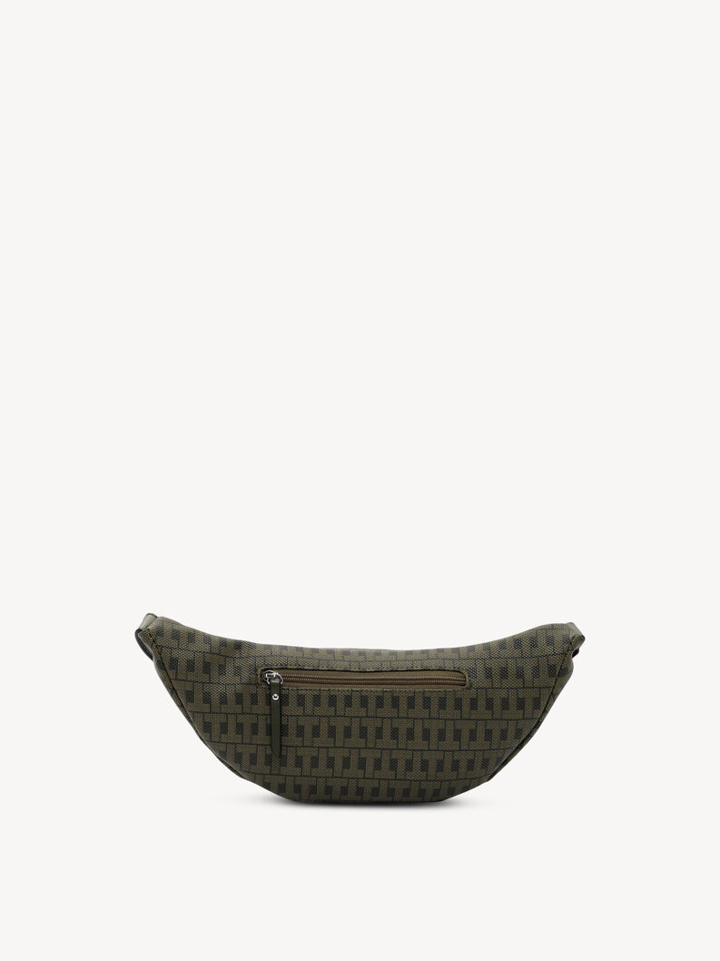 Vista posteriore del marsupio verde con tasca con zip