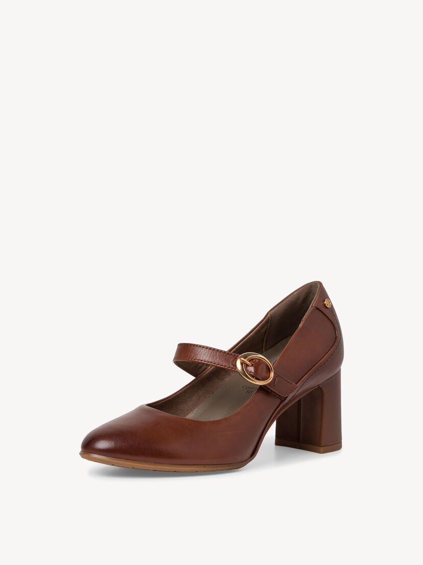 Bruine leren Mary Jane pumps met bandje en gouden gesp