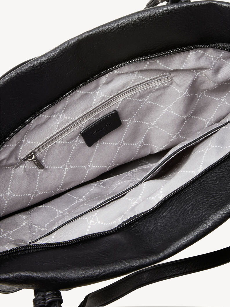 Detailansicht des grauen Innenfutters einer schwarzen Lederhandtasche