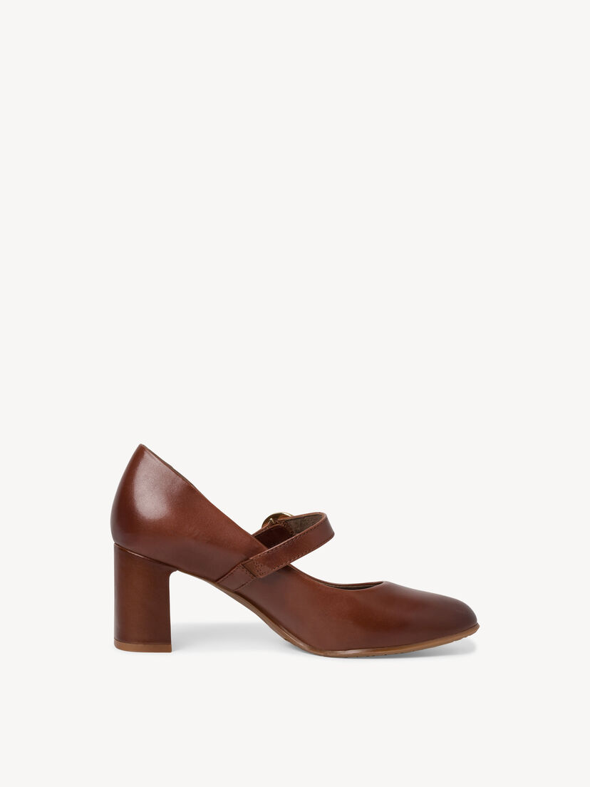 Bruine leren Mary Jane pumps met bandje en middelhoog blokhak