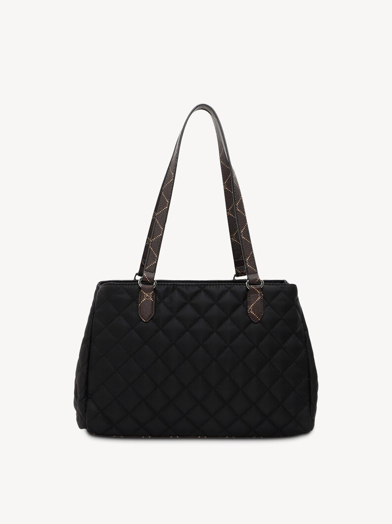 Tylny widok czarnej pikowanej torebki z ciemnobrązowymi rączkami